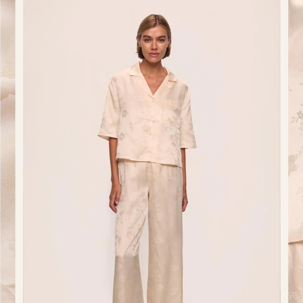 Eberjey Inez Washable Silk Jacquard Relaxed Wide Leg Pant PJ Set, Small, Peach